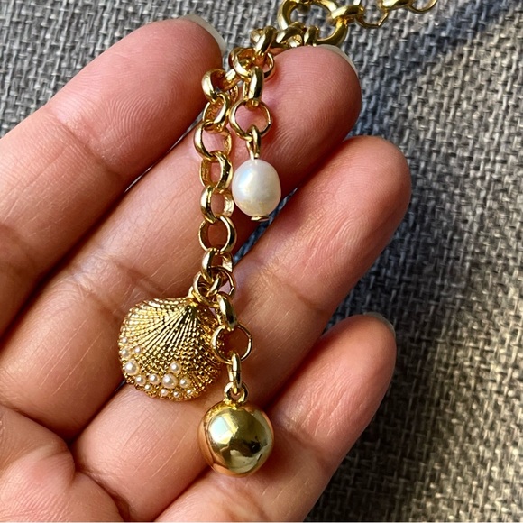 J Crew | Freshwater Pearl Sea Shell Golden Ball Choker Gold Tone 14"+2" Necklace - Picture 2 of 14